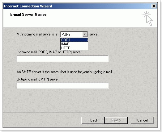 Internet Connection Wizard E-mail server Names